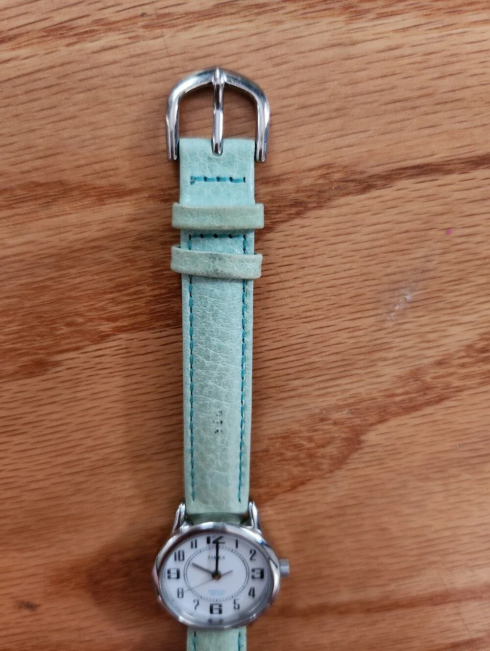 Timex Indiglo WR 30m Mint Green Leather Strap Watch with Silver Case